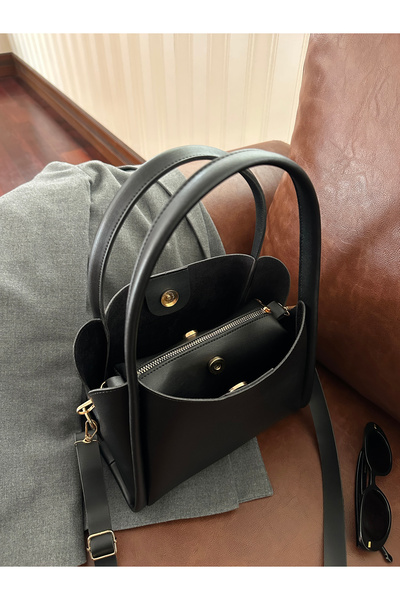 NOTHING Dámská speciální designová černá taška do ruky a přes rameno z umělé kůže s odnímatelnou taštičkou na make-up