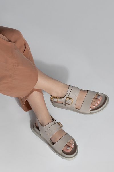 Marjin Casual Sandals - Ecru Lighted Sırif Leather Double Strap Ankle Strap Buckle