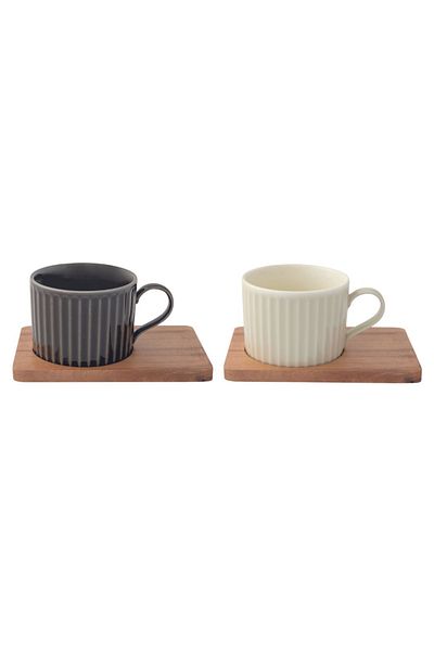 DR EASY LİFE Porcelain set of 2 250ml cups and plates in acacia wood, grey/green