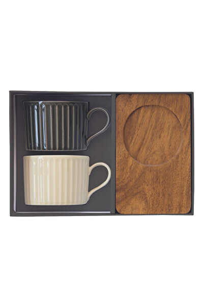 DR EASY LİFE Porcelain set of 2 250ml cups and plates in acacia wood, grey/green