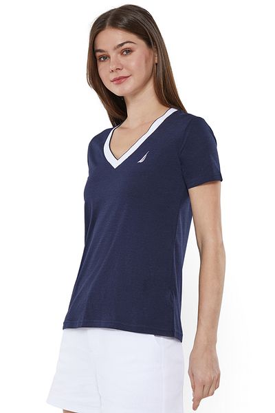 Nautica Women's Cotton and Viscose Dark Navy T-Shirt, Classic Essential for Casual Look