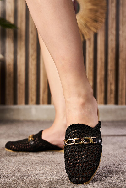 İmerShoes Daily Women's Black Straw Slippers Chained Lace Knitted Low Heel Closed Front Embroidered Comfortable Light 273