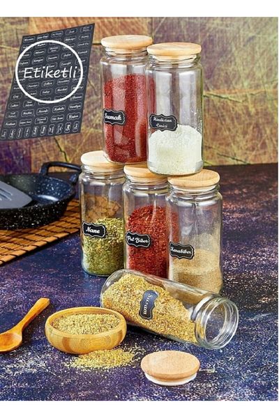 ŞAKİLATA CONCEPT Set of 6 500 ml Glass Spice Shakers with Wooden Lid Storage Container (with Label)