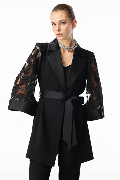 Moda İlgi Modailgi  Kolları Boncuk ve Güpürlü Uzun Ceket Siyah