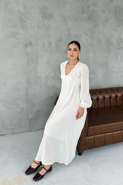 Seda Yalçın Atelier Ecru Seersucker V-Neck Long Dress