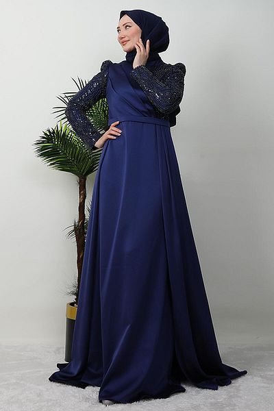 GİYZAMİLA Wise Hijab Evening Dress Navy Blue