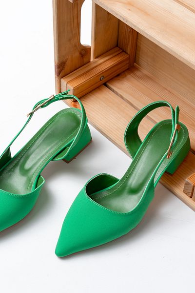 DURUNUN BUTİĞİ Duara, verde, mat, satin, cataramă laterală (4 cm înălțime toc) pantofi balerină cu toc cu vârf ascuțit