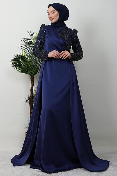 GİYZAMİLA Wise Hijab Evening Dress Navy Blue