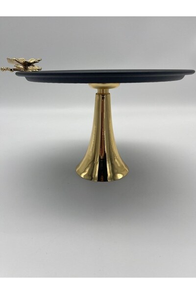 Fiyakalı Ürünler Atölyesi Standing Black Round Metal Tea and Coffee Serving Tray, Cake, Cake, Cookie, Dowry Presentation Tray