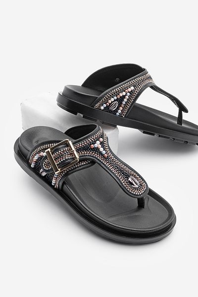 Marjin Schwarze Renda-Hausschuhe aus Leder mit Perlen für Damen