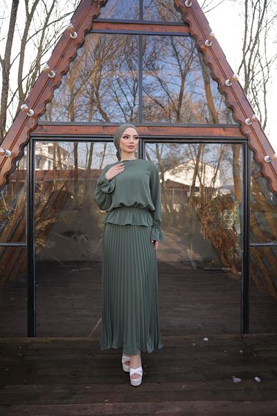 Nissra Ankanoor Light Khaki Pleated Skirt Suit Anka 255076