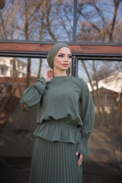 Nissra Ankanoor Light Khaki Pleated Skirt Suit Anka 255076