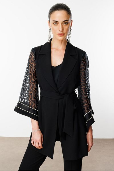 Moda İlgi Modailgi A-Line Sleeve Stripe Stone Accessory Long Jacket Black