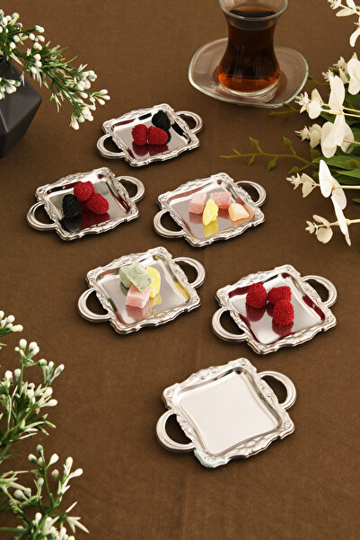LUMINZO Tados 6-Piece Coffee Side Serving Tray Silver Square Presentation Plate Tableware Catering Guest Service