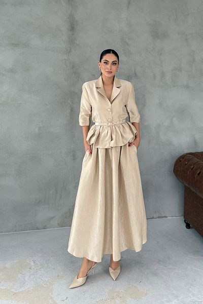 Seda Yalçın Atelier Beige Jacket and Skirt Set with Thin Belt Ruffles