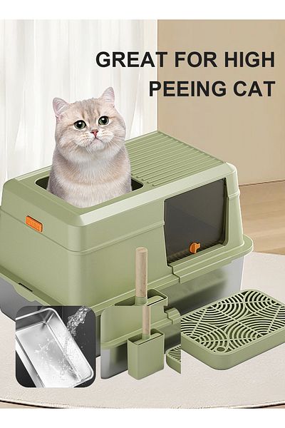 KidLe Enclosed Stainless Steel Cat Litter Box with Lid Metal Litter Pan Tray with High Wall Sides