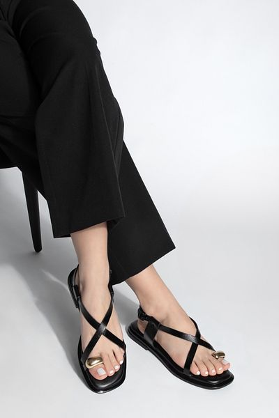 Marjin Schwarze Damenbekleidung, schwarze Freizeitsandale aus echtem Leder mit Flip-Flop-Schnalle