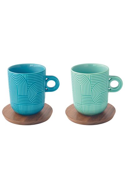 DR EASY LİFE Porcelain set of 2 350ml cups and acacia plates turquoise/blue