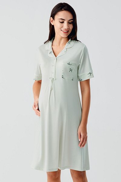 Artış Short Sleeve Bow Decorated Button Short Stretchy Viscose Maternity Nightgown