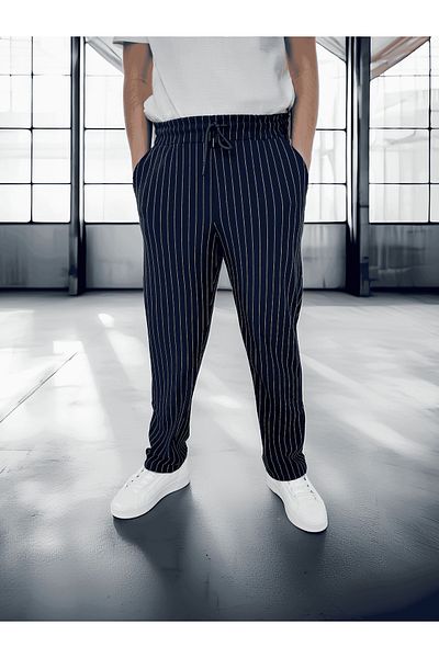 Valiberta Crepe Fabric Striped Comfortable Fit Men's Trousers - Navy Blue