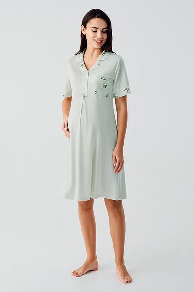 Artış Short Sleeve Bow Decorated Button Short Stretchy Viscose Maternity Nightgown