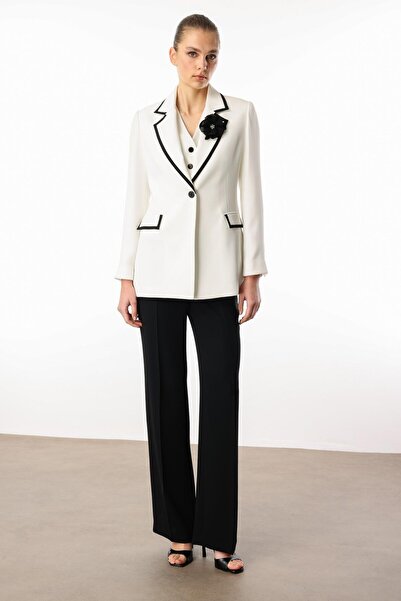 Moda İlgi Modailgi Enküstre Tape Detailed Rose Brooch Accessory Vest Jacket - 40074 Ecru