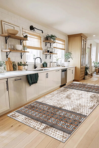 Dally Home Dijital BASKILI Kaymaz Taban Yıkanabilir Modern Mutfak Halısı Salo...