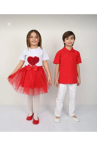 Nisu Tasarım Girl's Double Suit Tulle Skirt Heart Badi 23 April and 29 October Event Combination