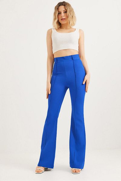 CALİENTE High Waist Checked Flared Trousers Navy Blue