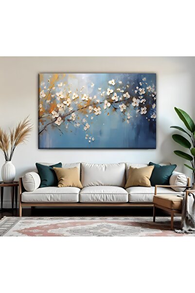 Harika bir ev | MaviGold ÇİÇEK DALI Desenli Modeli| TEKLİ YATAY KANVAS TABLO