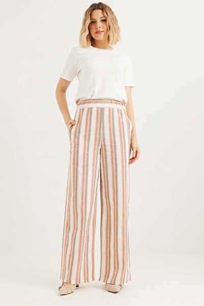 CALİENTE Elastic Waist Relaxed Cut Linen Trousers Brown