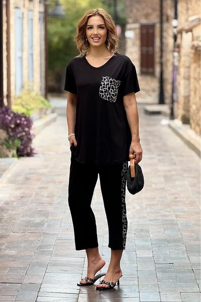 Nevin Kaya Moda Black Cotton Capri Suit with Chest Pocket
