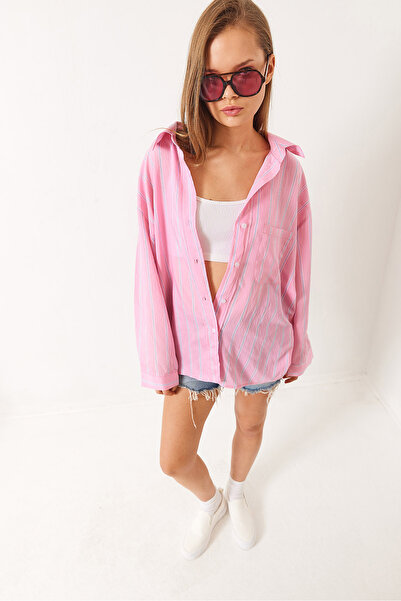 Bianco Lucci Cămașă modal supradimensionată cu buzunare în dungi 2258 60284002