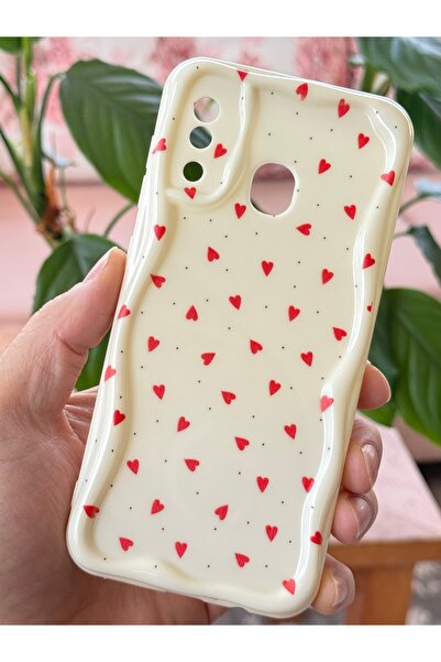 Fibaks Galaxy A20 - A30 Case Wave Edge Red Heart Pattern Silicone Cover with Camera Protection