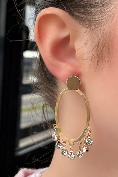 TAKIŞTIR Altın Renk Taş Detaylı Sallantılı Küpe (Çift)