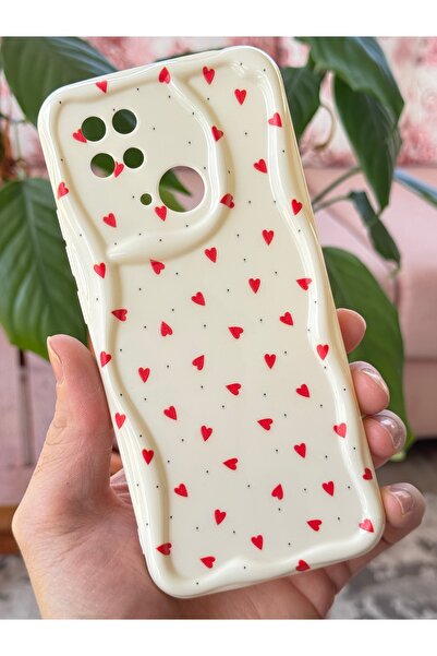 Fibaks Silicone Cover for Xiaomi Redmi 10C/Poco C40 Case with Camera Protection Wave Edge Red Heart Pattern