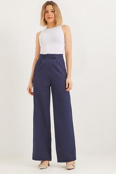 CALİENTE Hooked High Waist Loose Palazzo Trousers Navy