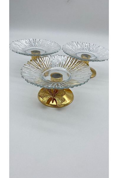 Fiyakalı Ürünler Atölyesi Gold Glass Turkish Delight Bowl - 3-Piece Butterfly Footed Sugar Bowl, Snack Bowl and Coffee Side Presentation 13cm