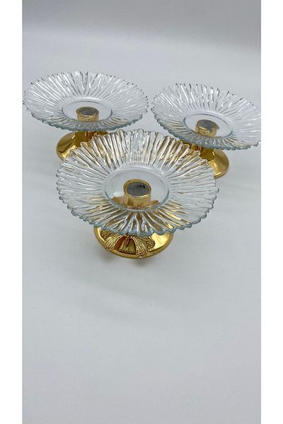 Fiyakalı Ürünler Atölyesi Gold Glass Turkish Delight Bowl - 3-Piece Butterfly Footed Sugar Bowl, Snack Bowl and Coffee Side Presentation 13cm