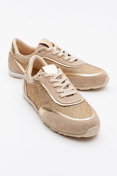 LuviShoes Γυναικεία αθλητικά παπούτσια BONIA Beige Suede Gold Stone Γνήσιο Δέρμα