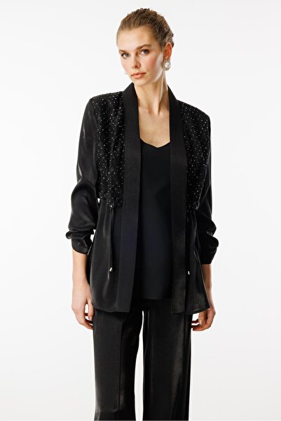 Moda İlgi Modailgi  Taşlı Dantel Kumaşlı Beli Tünel ve Kolları Apoletli İkili Takım Siyah