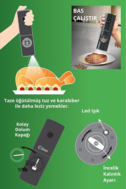 Kiwi Kspg-4849 Pilli Işıklı Tuz Karabiber Değirmeni Tekli Otomatik Baharat Öğütücü 2'li Set