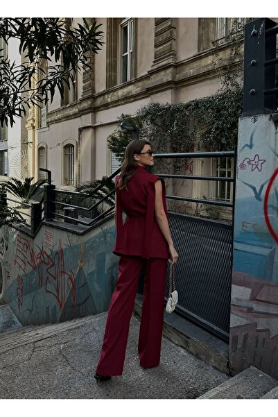 MODA Women's Oversize Shoulder Detailed Blazer Jacket Claret Red