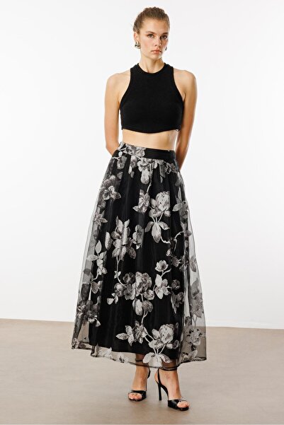 Moda İlgi Modailgi  Organze Çiçek Desenli Uzun Etek Siyah