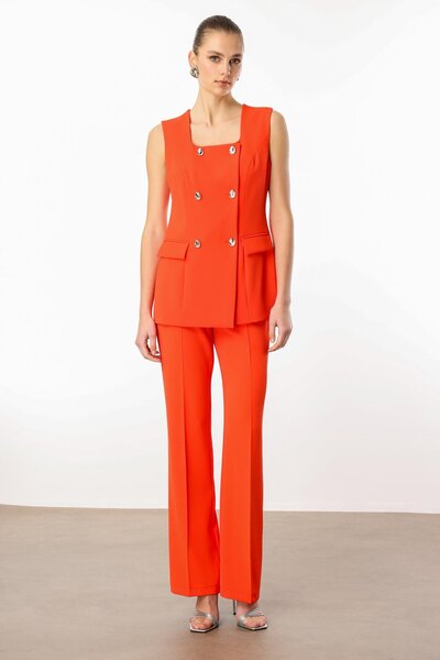 Moda İlgi Modailgi Çift Düğme Detaylı Kare Yaka Uzun Yelek - 4139 Mercan