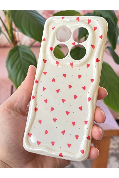 Fibaks Xiaomi Redmi Note 14 Pro Kılıf Kamera Korumalı Dalga Kenarlı Kırmızı Kalp Desenli Silikon Kapak