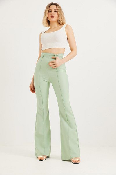 CALİENTE High Waist Checked Flared Trousers Water Green