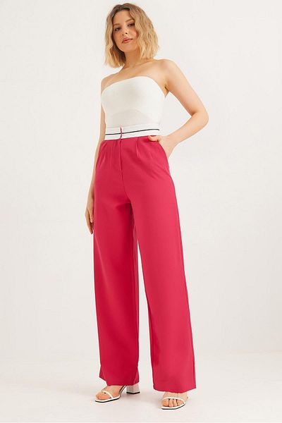 CALİENTE Wide Leg Trousers with Striped Waist Fuchsia