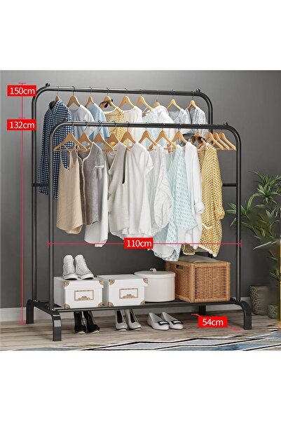 COOYA Floor Coat Rack,Multi-functional Double-rods Design,with Bottom  Strage Rank,for Bedroom,Black