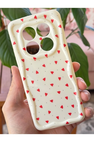 Fibaks Xiaomi Redmi Note 14 Pro Kılıf Kamera Korumalı Dalga Kenarlı Kırmızı Kalp Desenli Silikon Kapak